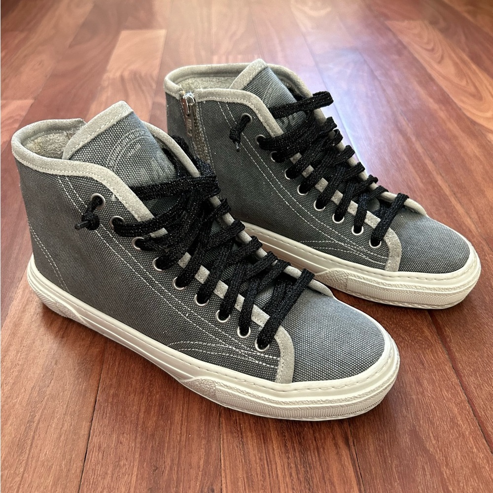 P448 Sally high top sneakers gray denim canvas w/ sparkle lace Size 38 US 7.5-8